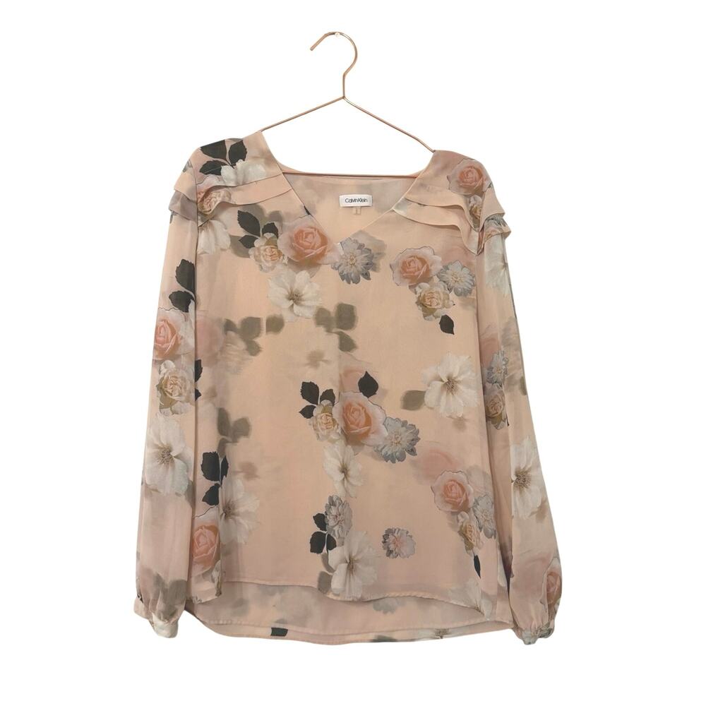 Calvin Klein Peach Floral V-Neck Long Sleeve Blouse with Ruffle Shoulders